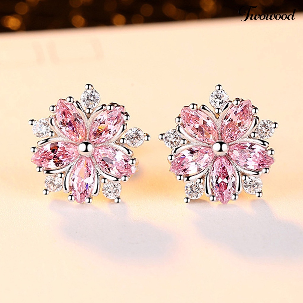 1 Pasang Anting Stud Bentuk Bunga Cherry Sparkling Untuk Hadiah Ulang Tahun