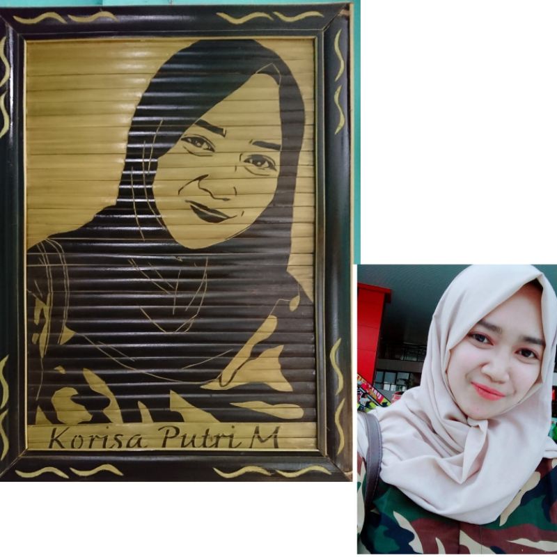 Lukisan wajah untuk kado costum foto ukiran dari bambu ukuran a4