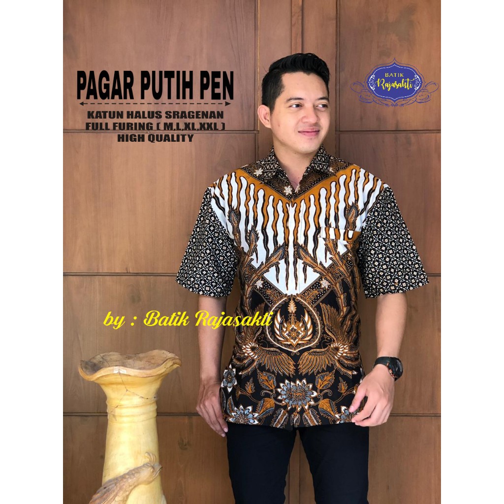 PAGAR PUTIH RAJASAKTI KEMEJA BATIK SOLO PRIA LENGAN PENDEK LAPIS FURING ATASAN BATIK PREMIUM MODERN KATUN HALUS BAHUWIRYA  BANAMITRA BANAMITRA PUTIH BANGSAWAN BAYU PUTRA BERLIAN BIRU BHARATAYUDA BIMASENA BIRENDRA BIRU INDAH BRAHMAKERTA BRAHMAKERTA MERAH