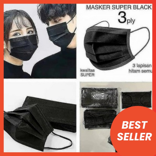 Masker 3ply Hitam Erlop Masker Hitam Bedah Isi 50 pcs