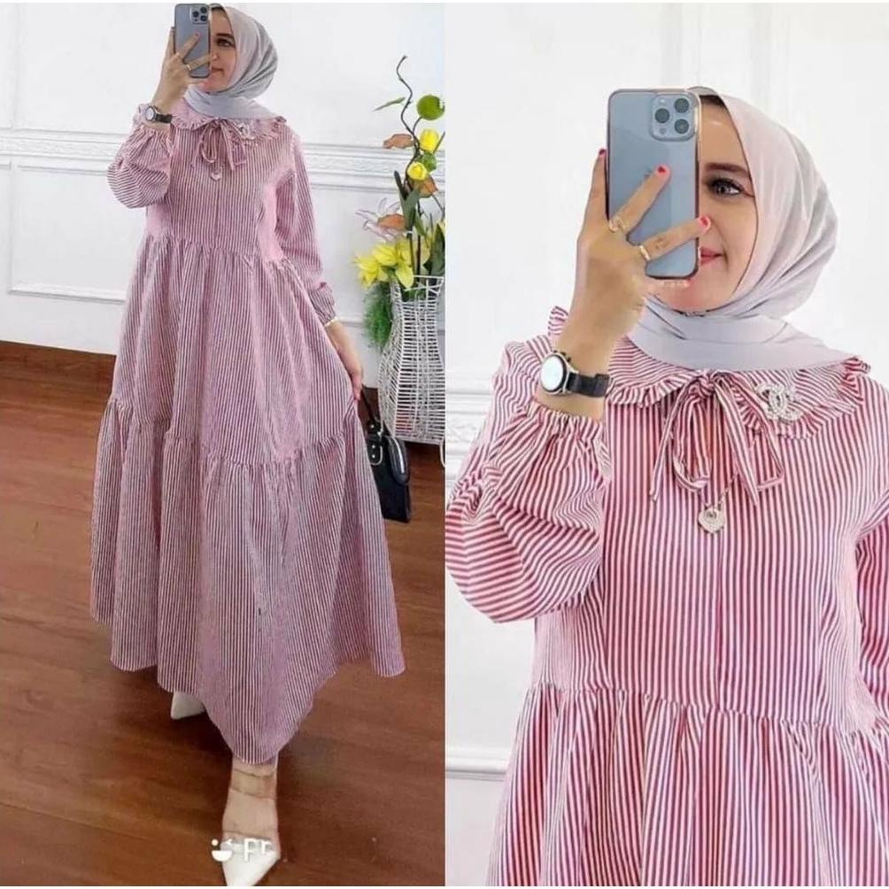 R.A - Tari Maxy Tyara Midi Dress Katun Salur Jepang Premium Gamis Muslim Fashion Wanita Terlaris