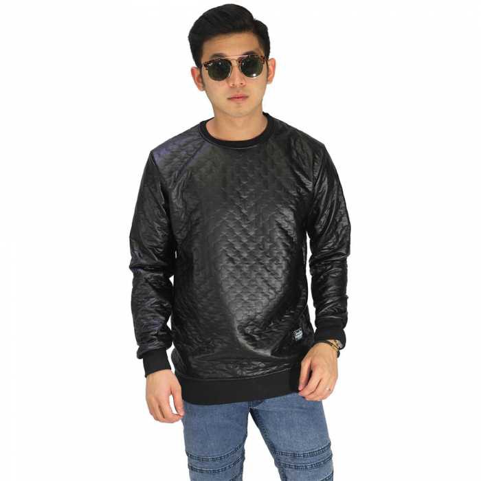 Sweatshirt Pria Casual Quilted Leather Kulit Hitam