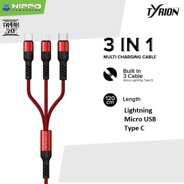 Hippo Tyrion Kabel Data Charger 3 in 1 Micro USB Type C Lightning Original Cable Ori Casan Iphone