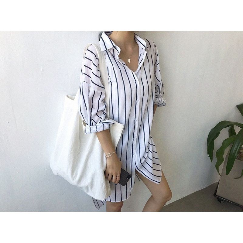 [baju wanita korea]  Baju Atasan Kemeja Garis Putih Wanita Korea Import