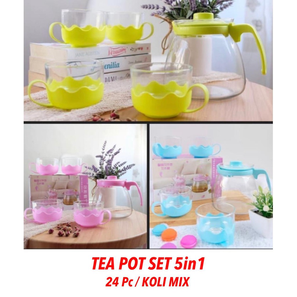 TEA POT 5 IN 1 Teko SET Teko Stainles Tempat air Teh Gelas Kaca Mug Stainles Teko Air Cangkir Unik