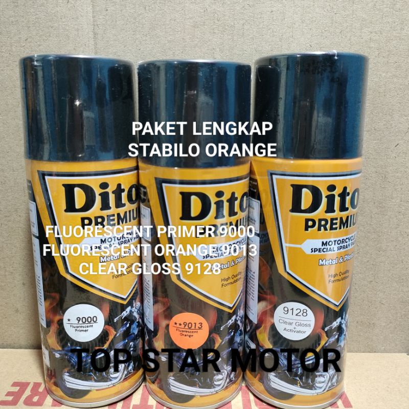 Pilok Paket Lengkap Cat Diton Premium Fluorescent Primer 9000 Fluorescent Orange 9013 Clear Gloss 9128 400cc.. Pilok Paketan Lengkap Fluorescent Orange Cat Semprot Diton Premium 400cc