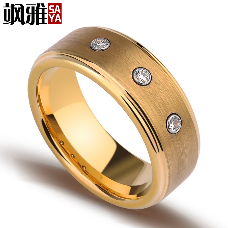 ▣Saya Tungsten Emas Zirkon Pria Cincin Cincin Kepribadian Pria Trendi Mendominasi Fashion Versi Kore