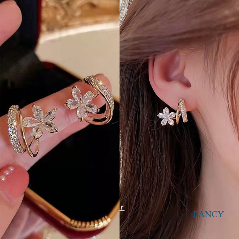 Anting Stud Zircon Bentuk Bunga Gaya Korea Untuk Wanita