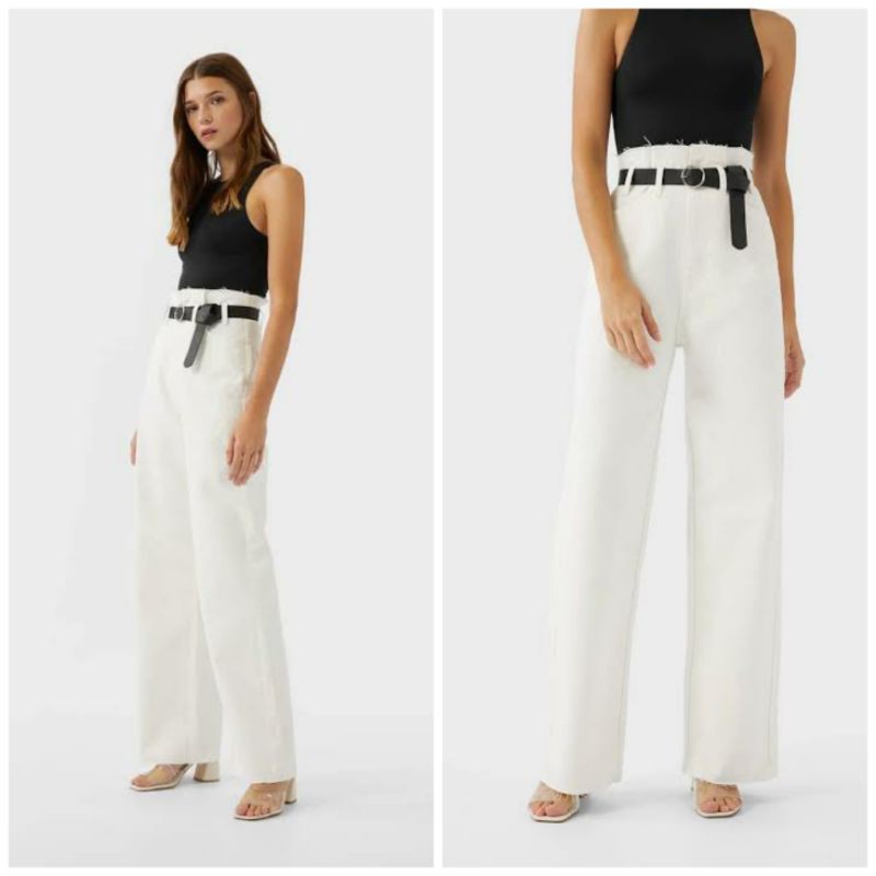 Stradivarius Belted Wide Leg Paperbag Jeans