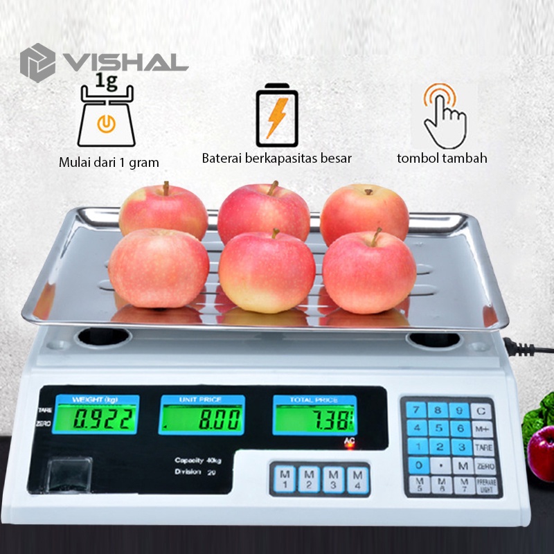 VISHAL Timbangan Buah Digital 40kg Double Display Digital Computing Scale /Timbangan Sayur/Timbangan Digital VS-6018