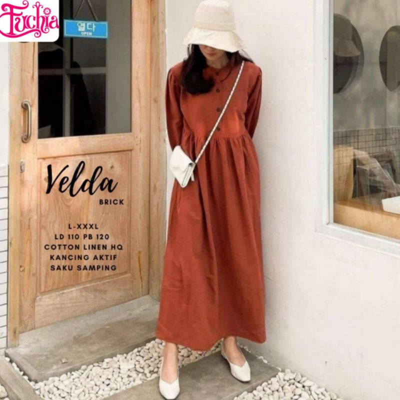 [BISA COD] VELDA MIDI DRESS BY FUCHIA / GAMIS POLOS BERBAHAN KATUN LINEN PREMIUM QUALITY / MIDI DRES