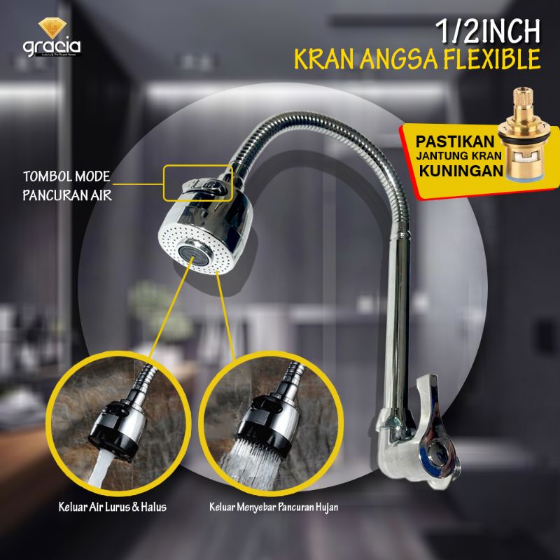 Kran Cuci Piring Angsa Flexible Stainless Chrome 1/2 inch Kepala Besar 2 Mode Pancuran Air / Kran Air Bak Cuci Piring