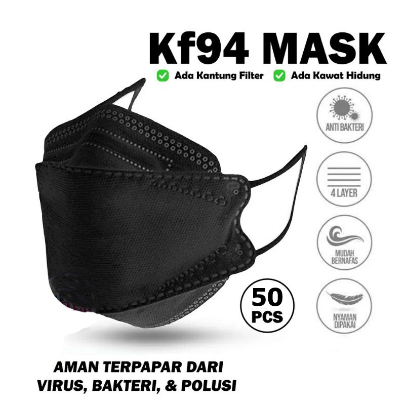 Masker KF94 Dewasa 4 Ply Isi 50 pcs Warna Hitam|Masker Model Korea Evo