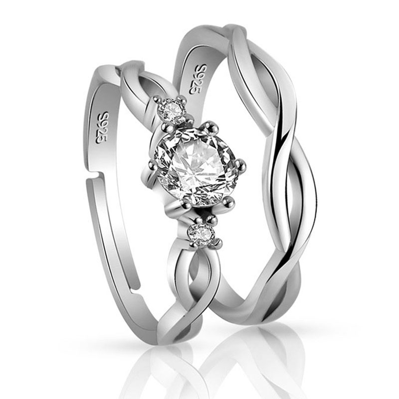 2 Pcs 925 Silver Cincin Tunangan/nikah/kawin Berlian Mode Wanita Cincin Pasangan Couple Rings