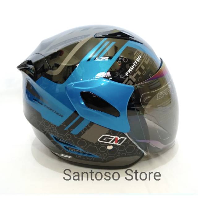 Helm Half Face GM Fighter 911 Biru Blue Silver Single Visor