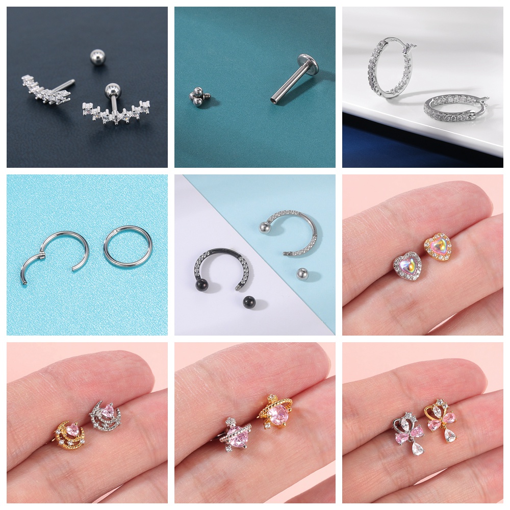 1 Set Anting Stud Kristal Bahan Stainless Steel Untuk Tindik Tulang Rawan