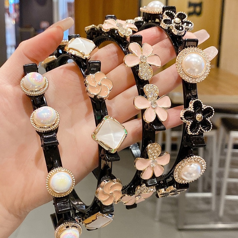 Korean Pearl Headband Bangs Hairstyle Multi-layer Hollow Woven Headband with Tooth Design Alligator Clip Retro Hairband Face Washing Headdress