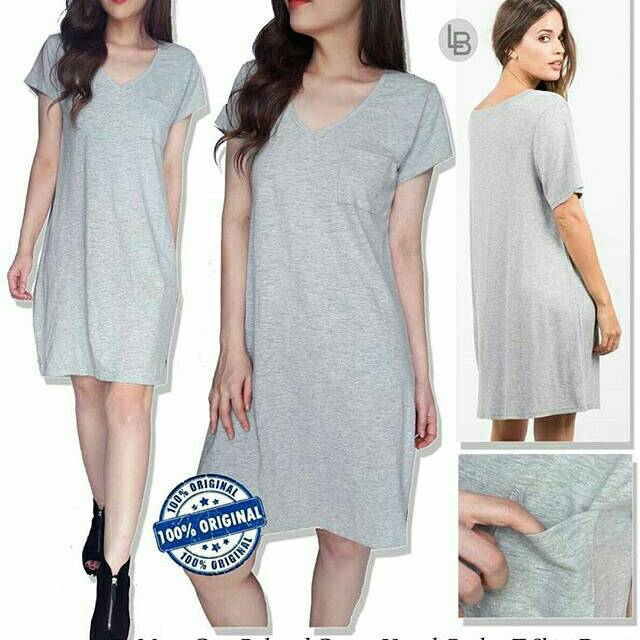 Gap misty grey relaxed cotton V neck pocket T shirt dress