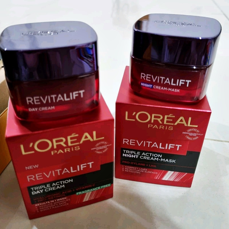 CREAM L'Oreal Paris Revitalift Triple Action Day &amp; Night Cream 50 ml - Skincare Retinol Anti Aging Moisturizer Pelembab Wajah Loreal Hyaluronic Acid - Krim Pagi / Siang SPF 35 dan Krim Malam