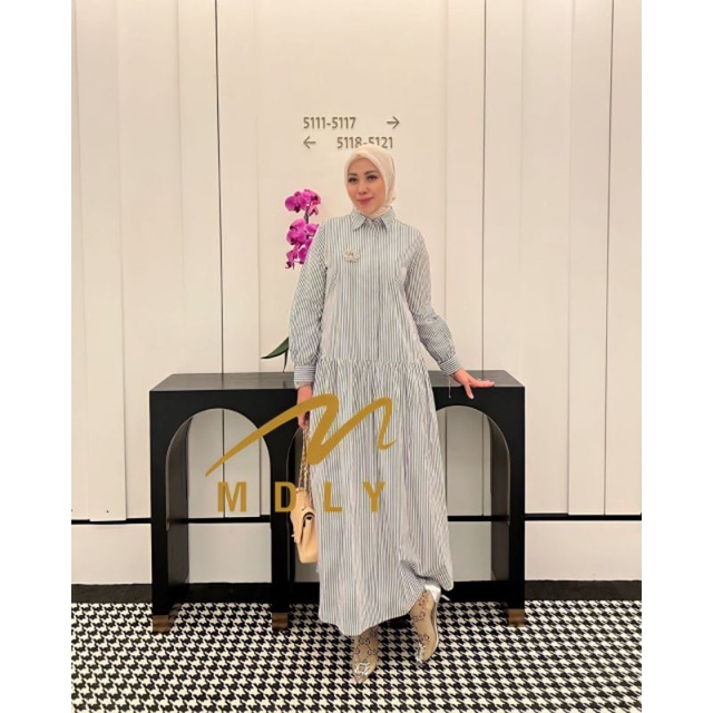 Fashion Muslim Terbaru Midi Dress Stripes Premium By MDLY Yoon Seo Dress Gamis Mdly gold