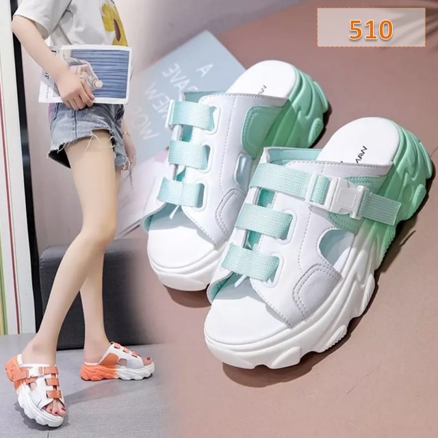 Sandal Selop Wanita Dual Tone Fahion Kasual Korea Sol Tebal 5 Cm Oren Tosca Ungu (510)