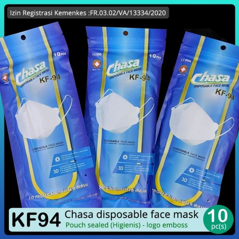 Masker KF94 Chasa Korea Convex  1 pack isi 10 pcs  warna Hitam Putih Abu ada kemenkes