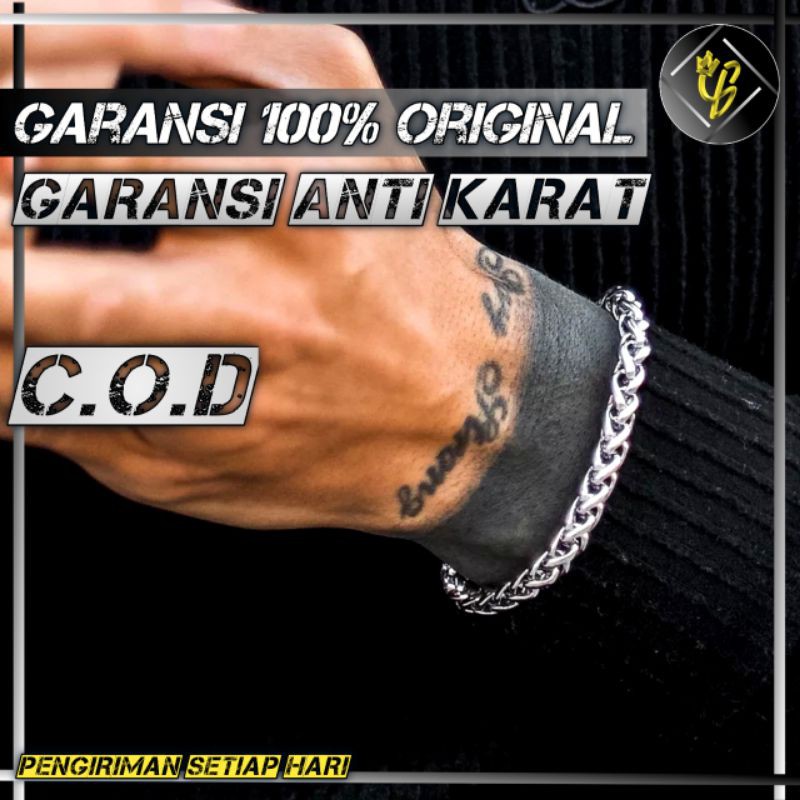 Gelang Titanium Pria Anti Karat Emas Putih Silver Perak Asli Keren Cowok cewek Laki Laki Tambang K 0