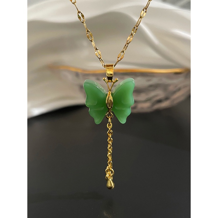 Fancyqube Kalung Emas 18k Dengan Liontin Kupu-Kupu Giok Untuk Wanita