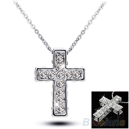 Kalung Rantai  Salib Wanita Rhinestone Silver