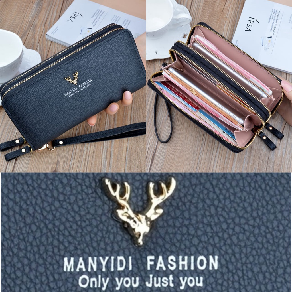 DOMPET PANJANG WANITA 2 RESLETING PREMIUM KULIT HITAM LIEBEN PESTA IMPORT KOREA MUAT HP SLOT KARTU UANG KEKINIAN TALI REMAJA WA370B5 BRANDED PENDEK MURAH BATAM