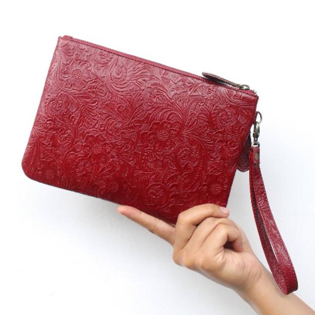 CLUTCH WANITA KULIT SAPI PULL UP ASLI LAILY DOUBLE ZIPPER BATIK MAROON / FREE GRAVIR NAMA