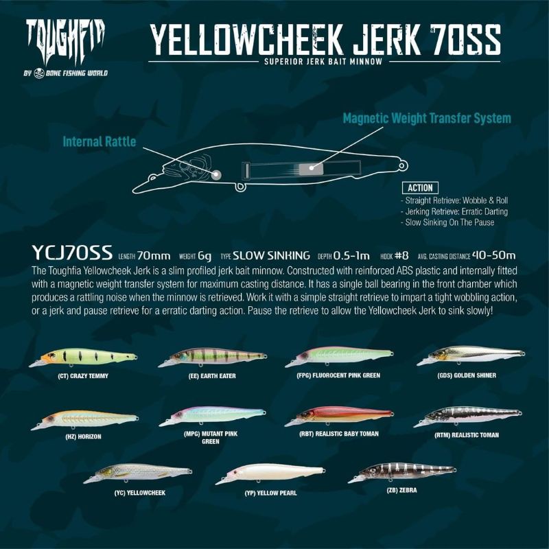 LURE TOUGHFIA YELLOWCHEEK JERK 70MM/6G - 100MM/12G BY BONE | CASTING | SINKING | MINNOW