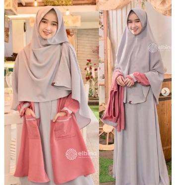Modern - Elbina Set Gamis + Outer + Khimar | Size S M L XL | Fashion Muslim Wanita | Bahan Moscrepe