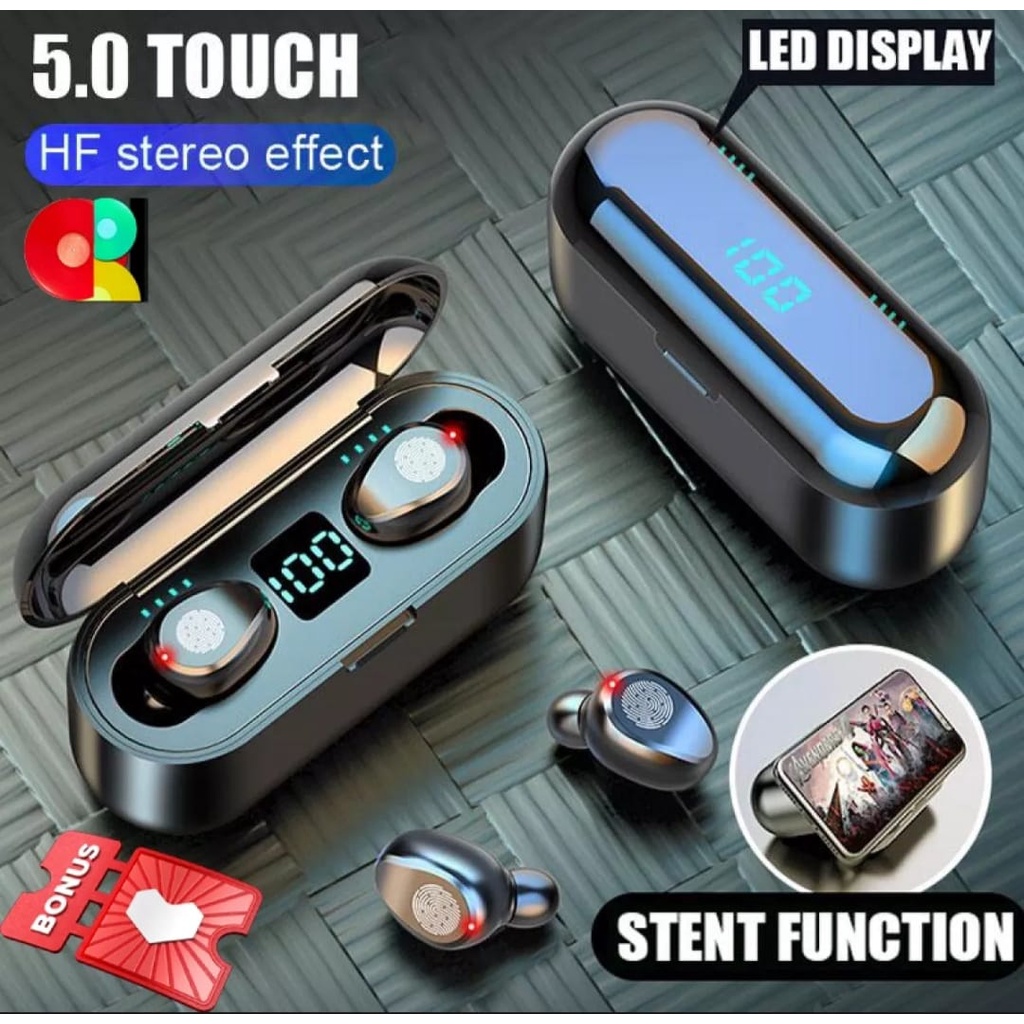 Headset Bluetooth LED Digital F9 TWS 5.0 Wireless Earbuds/F9 TWS Earbud Wireless Earphone Bluetooth Earphone 5.0 Headset Gaming Tahan Air Touch Control Layar Digital LED dengan Mikrofon 3500MAh Charger Kotak