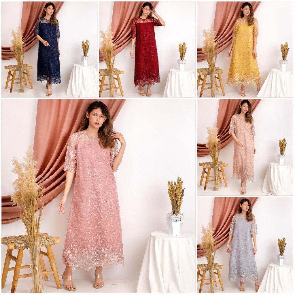 Diana Long Dress Brukat Tile Bordir Gliter Mutiara Brokat Tulle Dres Pesta 7 WARNA TERMURAH