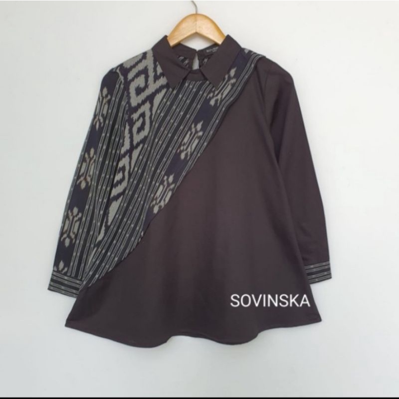 Atasan Tenun Kombinasi WP 224 Hitam Blus Blouse Atasan wanita Lengan panjang by Sovinska