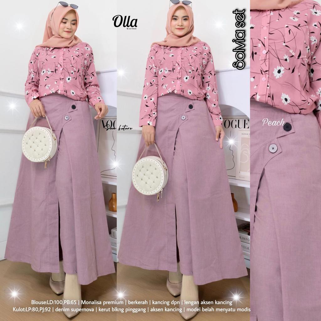 SOLVIA SET BY OLLA / SETELAN BLOUSE DAN KULOT BERBAHAN MONALISA DAN DENIM SUPERNOVA / SETELAN BUSANA