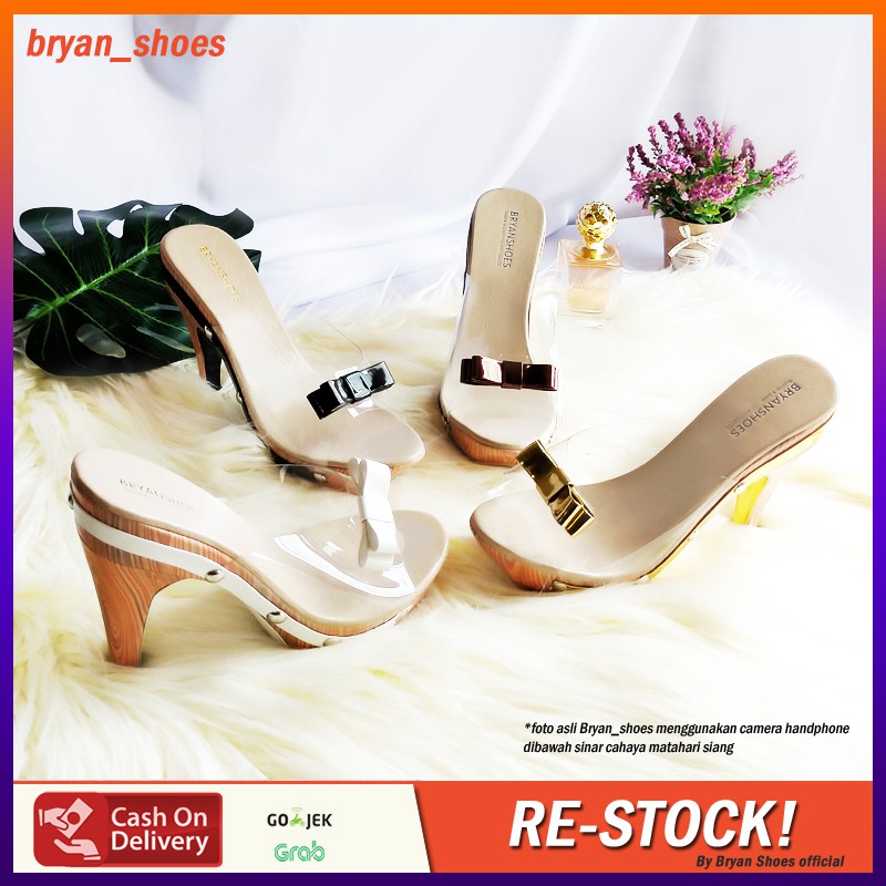 Bryan Quinna Platform Heels Mika 12cm Motif Wood Kelom Heels Kayu Pita Gold Bronze White Black