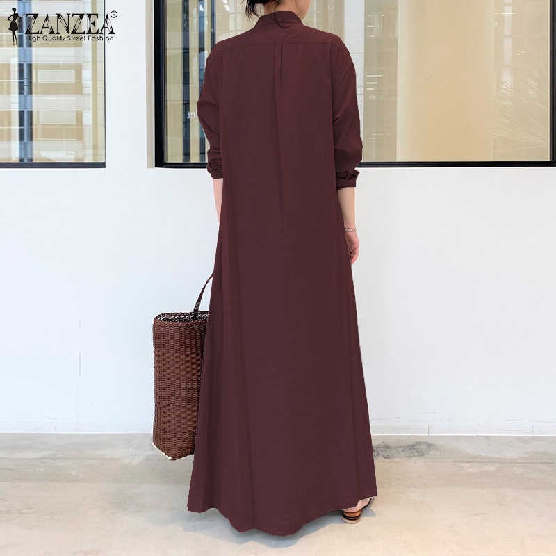 ZANZEA Women Long Sleeve Lapel Collar Split Hem Solid Color Maxi Dress