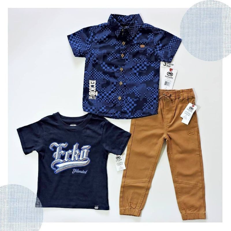 SETELAN ANAK LAKI LAKI 3PCS ORIGINAL ECKO IMPORT BRANDED KEMEJA CELANA CHINOS DAN KAOS TSHIRT PREMIUM BAJU LEBARAN