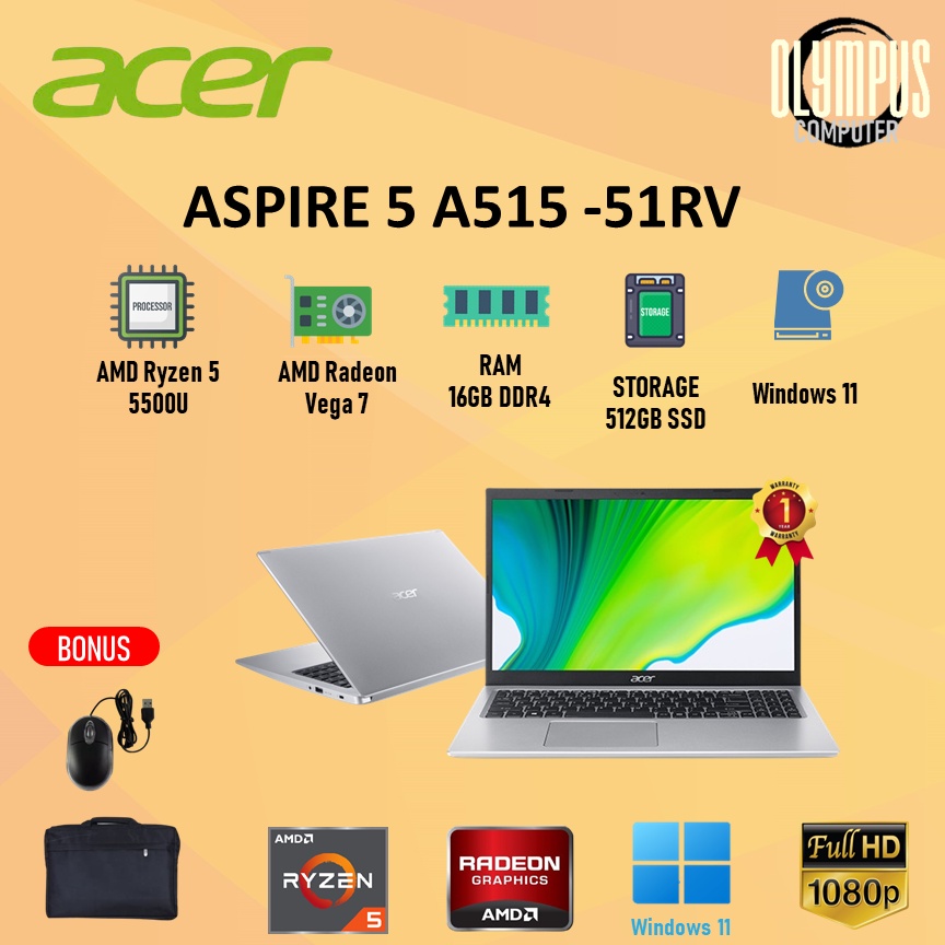 Laptop Acer Aspire 5 A515  Ryzen 5 5500U 16GB 512SSD VEGA7 15"FHD