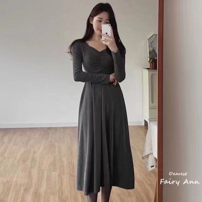 korean style pure desire French dress long sleeve V-neck waist-slimming long dress