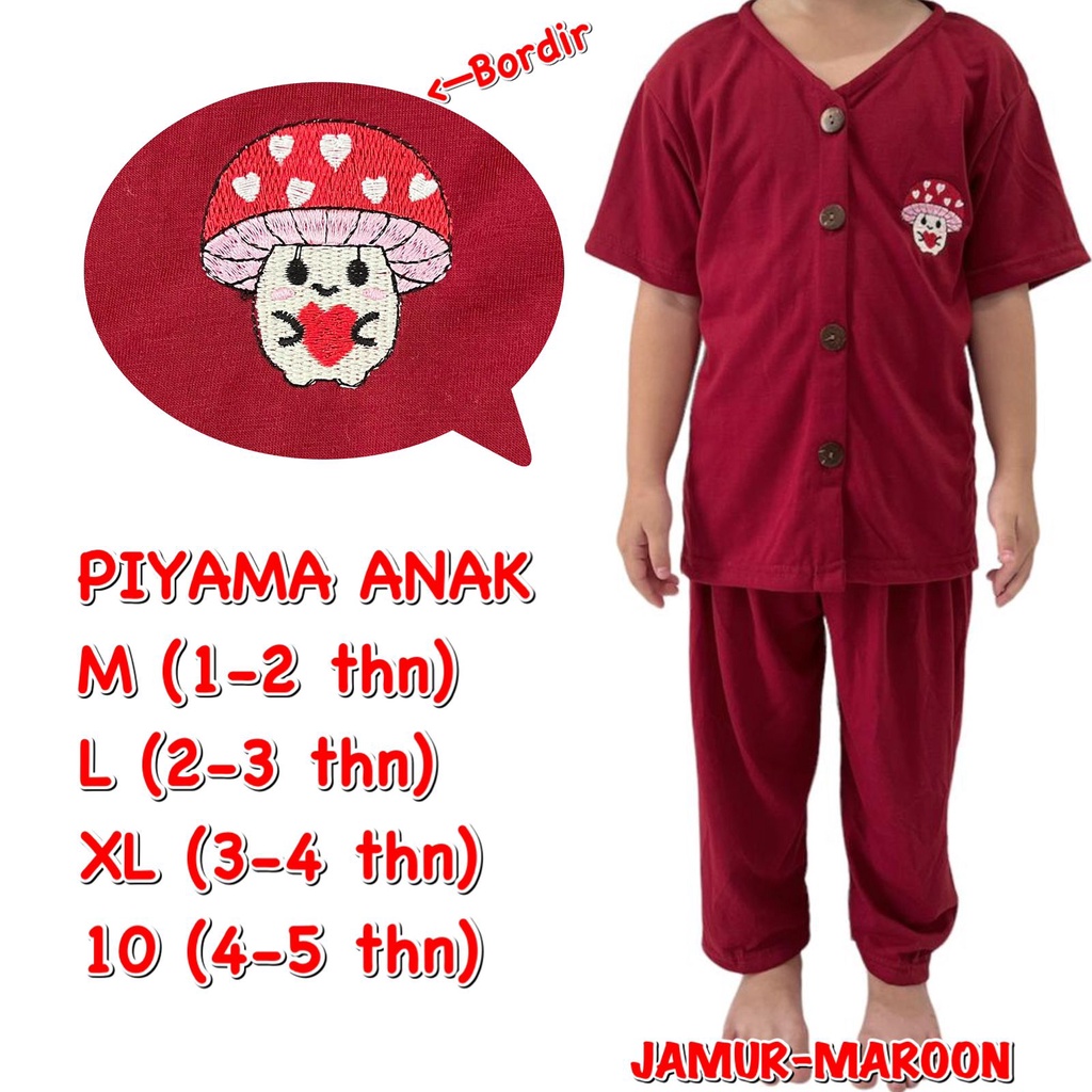 (1 KG MUAT 6 STEL) BAJU TIDUR ANAK KIDS PEREMPUAN/LAKI-LAKI/CEWEK/COWOK SETELAN/STELAN BAHAN KAOS KATUN CP KANCING BORDIR JAMUR/MUSHROOM MERAH MAROON