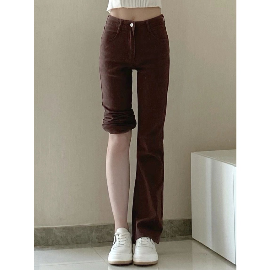 Coklat korean high waist celana jeans wanita