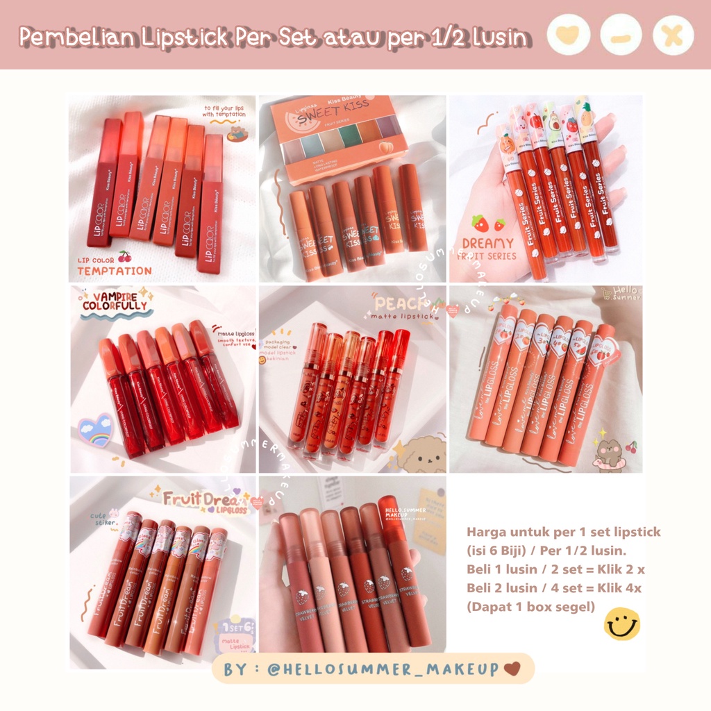 𝟏 𝐒𝐄𝐓 𝐌𝐀𝐓𝐓𝐄 𝐋𝐈𝐏𝐒𝐓𝐈𝐂𝐊 - GROSIR RESELLER Aneka Variants Set Matte Lipstick Kiss Beauty Matte Lipgloss Thailand Makeup