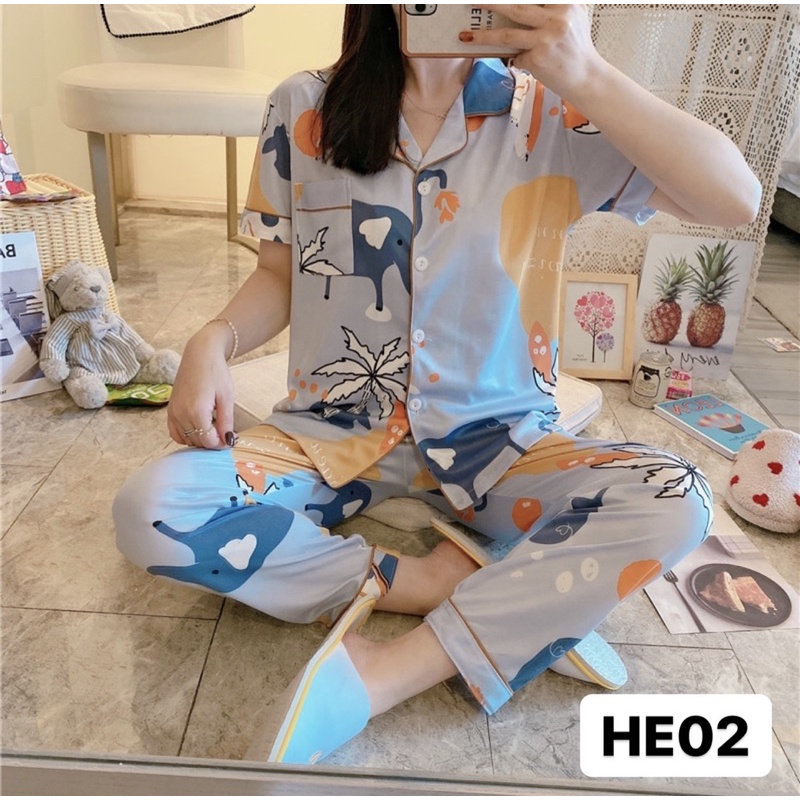 BAJU TIDUR PIYAMA SET KEMEJA CP LENGAN PENDEK CELANA PANJANG IMPORT PREMIUM BANYAK MOTIF Kode HE-1