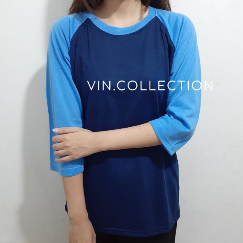 kaos polos raglan 3/4 pria wanita -biru dongker kombinasi biru