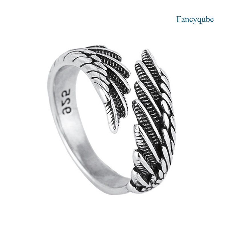 Fancyqube Cincin Model Terbuka Bentuk Sayap Malaikat Bahan S925 Silver Plated Gaya Vintage Untuk Pasangan