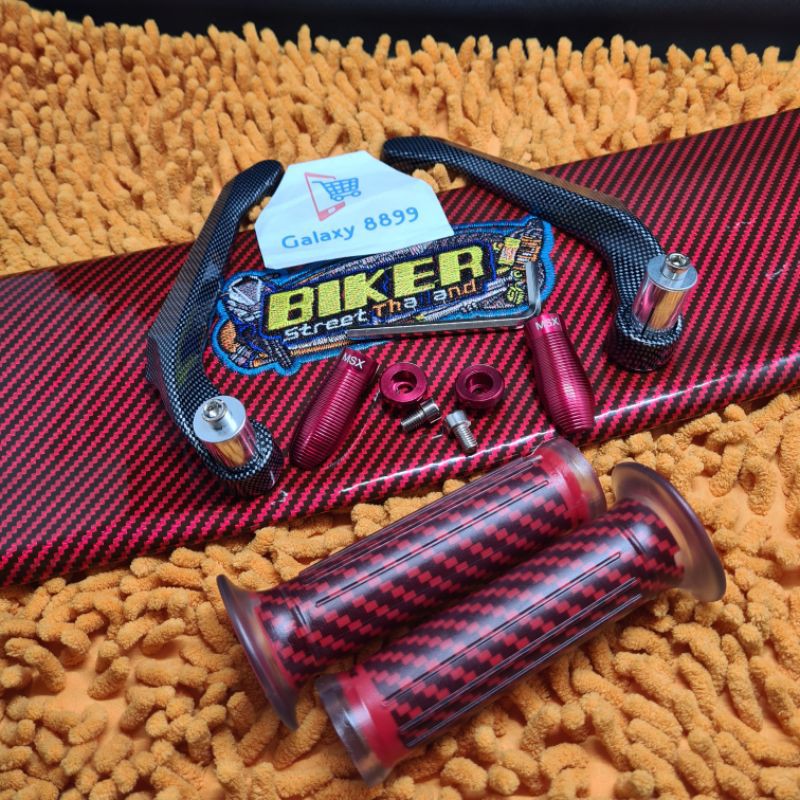 Kulit Jok Karbon Bikers+Proguard Karbon CNC+Handgrip Karbon Merah