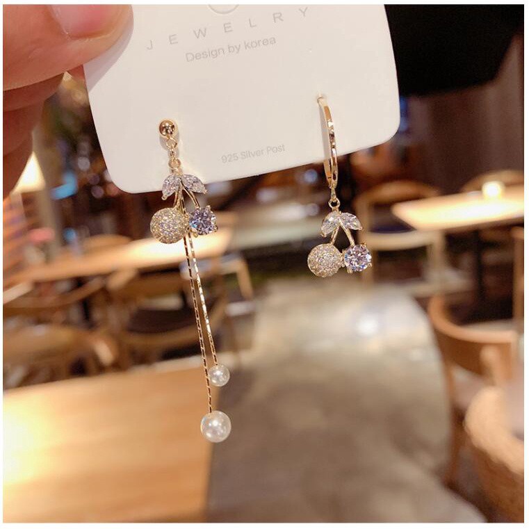 Anting Tusuk Gantung Bahan Sterling Silver 925 Desain Buah Ceri Hias Zircon Gaya Korea Untuk Wanita